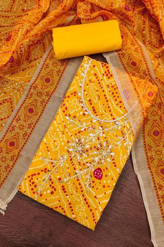 Yellow modal cotton bandhni unstitched dress material