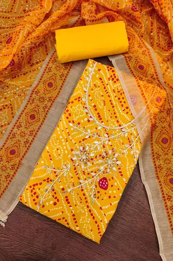 Yellow modal cotton bandhni unstitched dress material