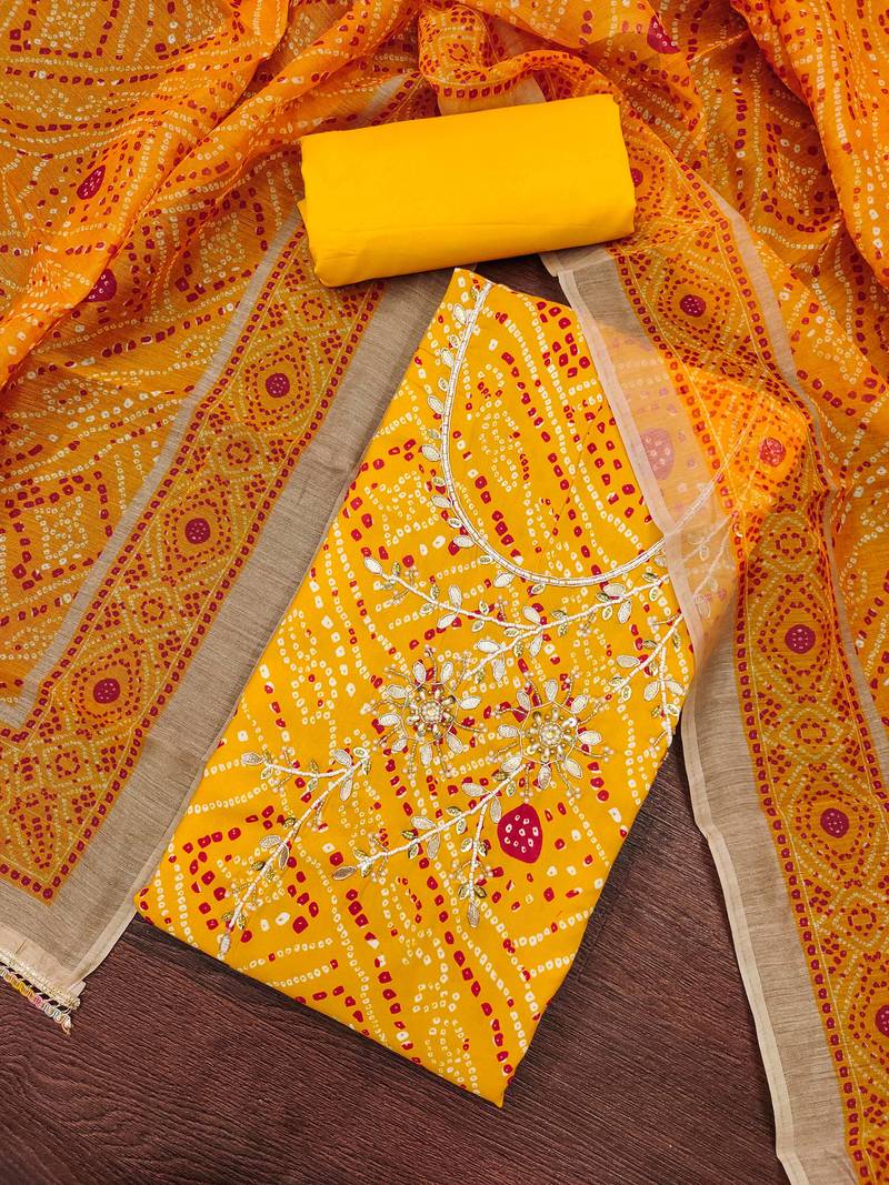 Yellow modal cotton bandhni unstitched dress material