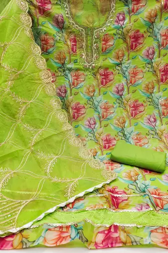 Green organza printed unstitched dress material