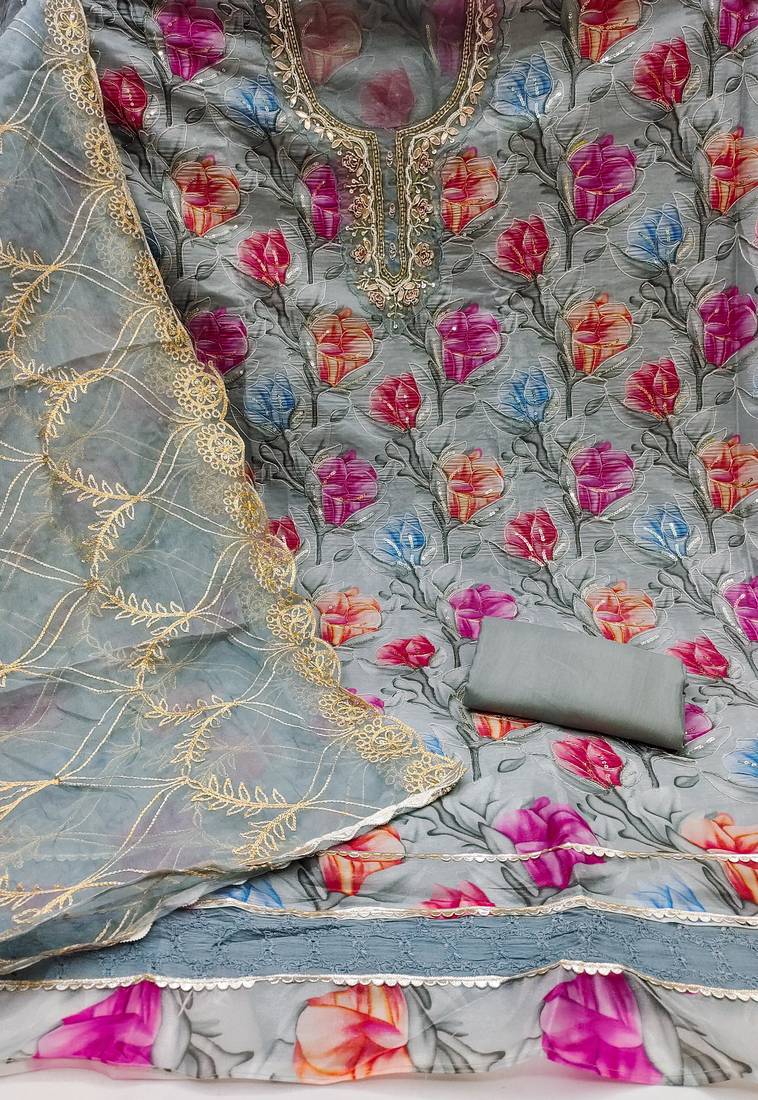 Grey organza printed unstitched dress material