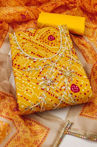 Yellow modal cotton bandhni unstitched dress material