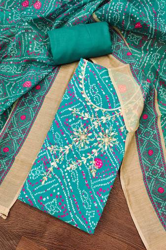 Turquoise modal cotton bandhni unstitched dress material