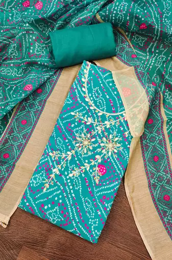 Turquoise modal cotton bandhni unstitched dress material