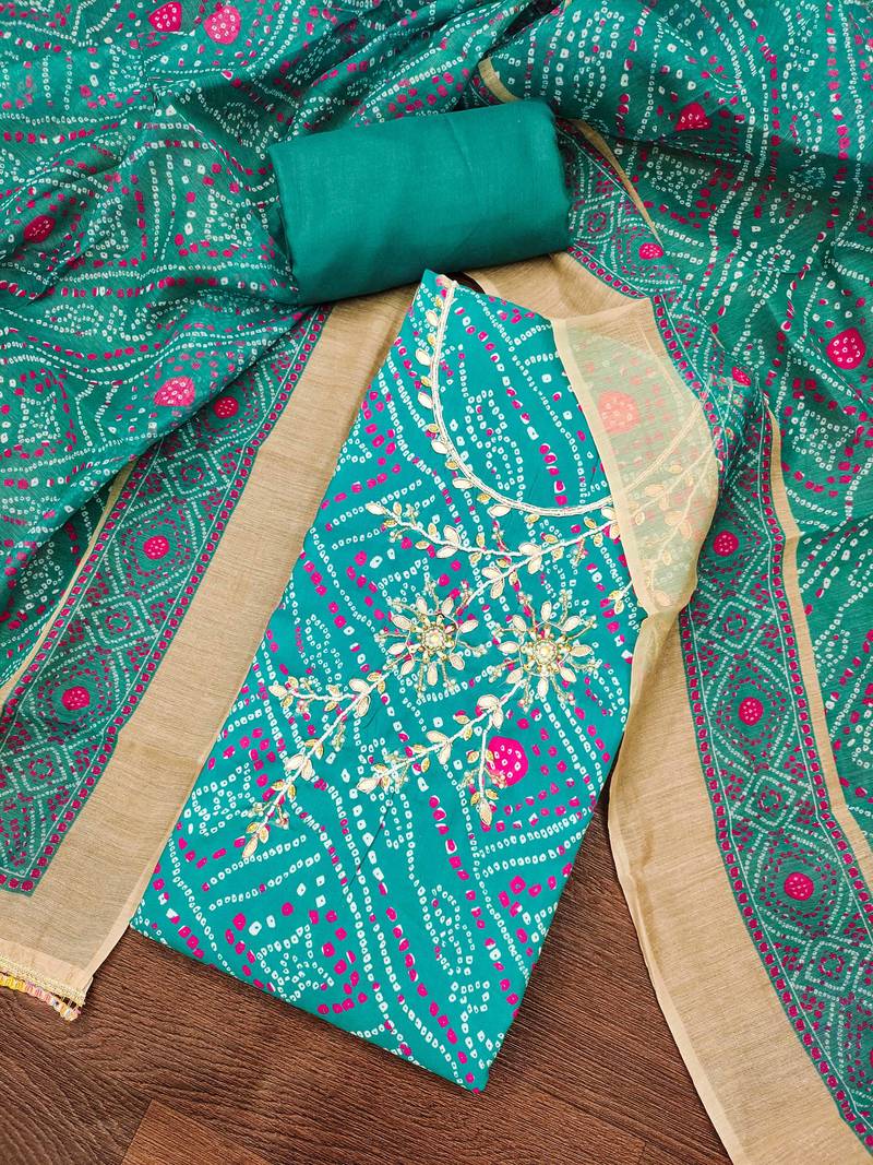 Turquoise modal cotton bandhni unstitched dress material
