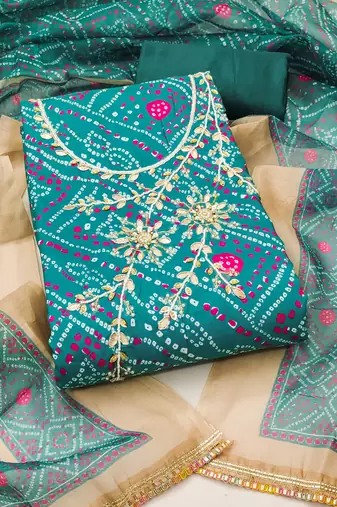 Turquoise modal cotton bandhni unstitched dress material