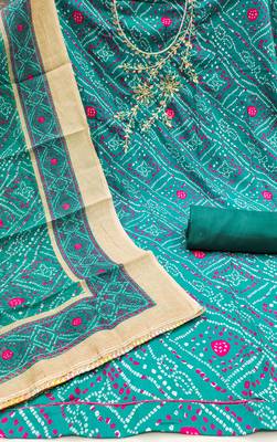 Turquoise modal cotton bandhni unstitched dress material 3
