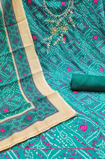 Turquoise modal cotton bandhni unstitched dress material
