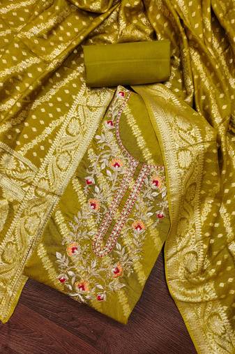 Mehendi cotton silk embroidered unstitched dress material