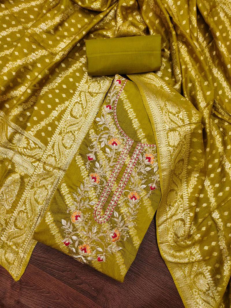 Mehendi cotton silk embroidered unstitched dress material