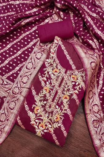 Wine cotton silk embroidered unstitched dress material