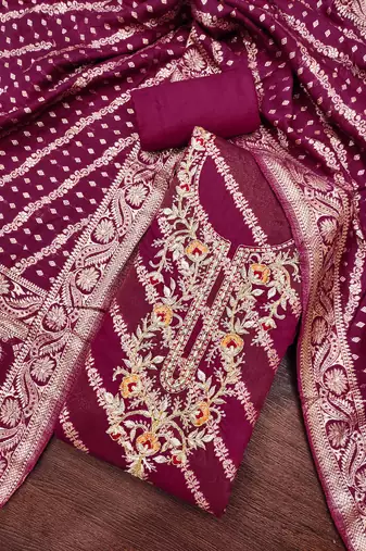 Wine cotton silk embroidered unstitched dress material