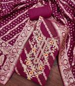 Wine cotton silk embroidered unstitched dress material