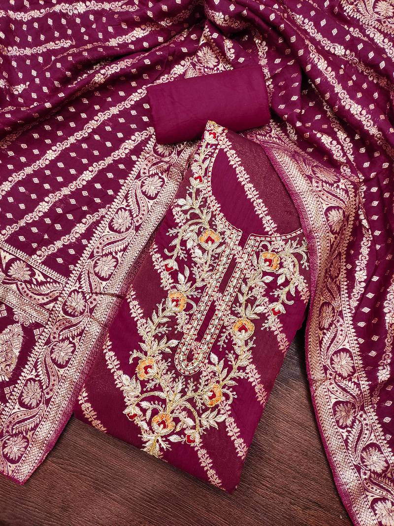 Wine cotton silk embroidered unstitched dress material