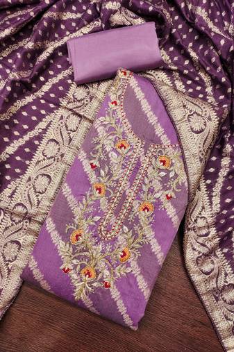 Lavender cotton silk embroidered unstitched dress material