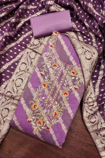 Lavender cotton silk embroidered unstitched dress material