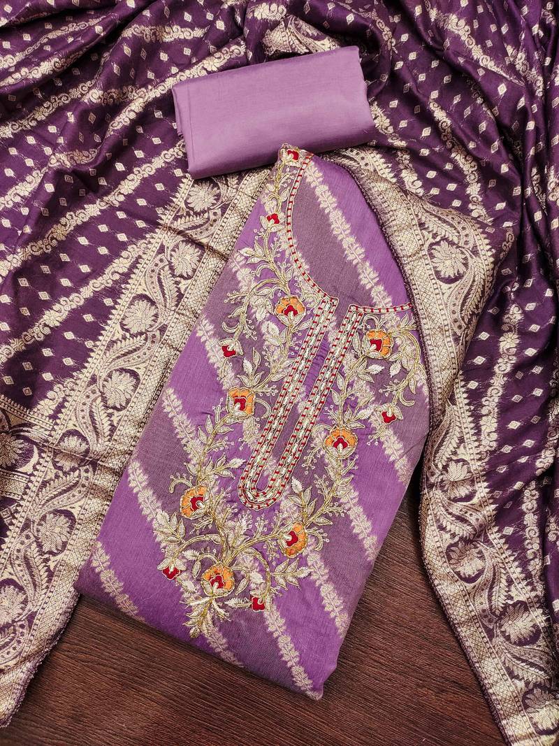 Lavender cotton silk embroidered unstitched dress material