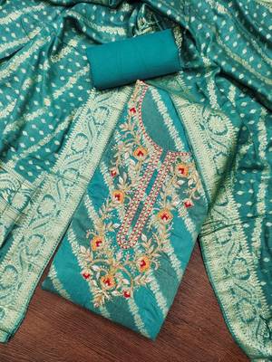 Turquoise cotton silk embroidered unstitched dress material 1