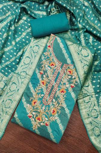 Turquoise cotton silk embroidered unstitched dress material