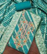 Turquoise cotton silk embroidered unstitched dress material