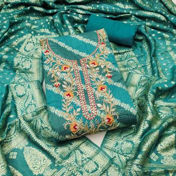 Turquoise cotton silk embroidered unstitched dress material 2