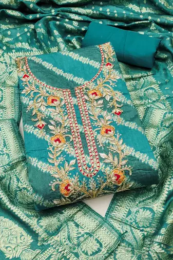 Turquoise cotton silk embroidered unstitched dress material
