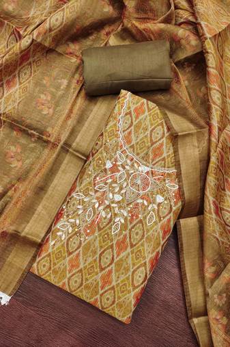 Mehendi cotton silk handwork unstitched dress material