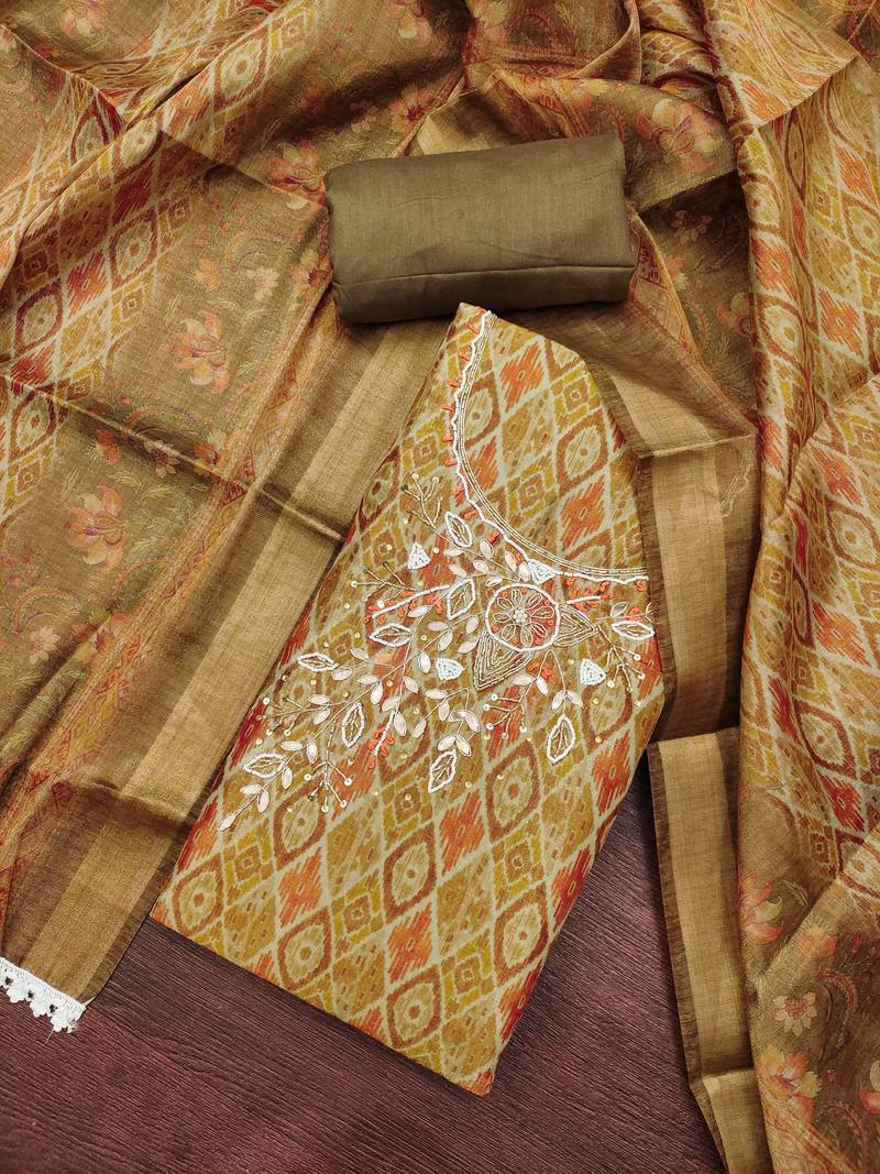 Mehendi cotton silk handwork unstitched dress material