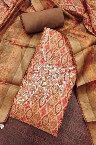 Brown cotton silk handwork unstitched dress material