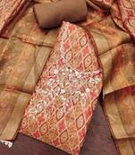 Brown cotton silk handwork unstitched dress material