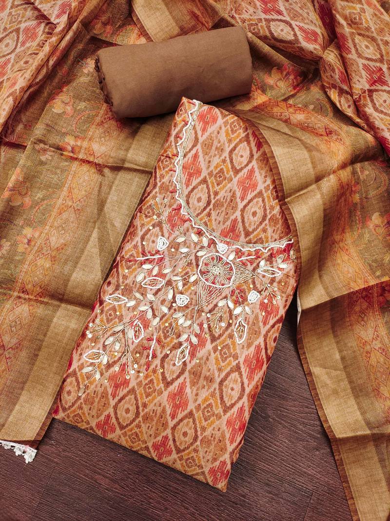 Brown cotton silk handwork unstitched dress material