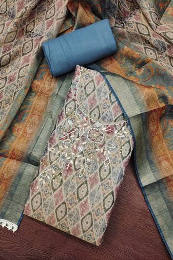 Blue cotton silk handwork unstitched dress material