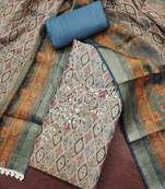 Blue cotton silk handwork unstitched dress material