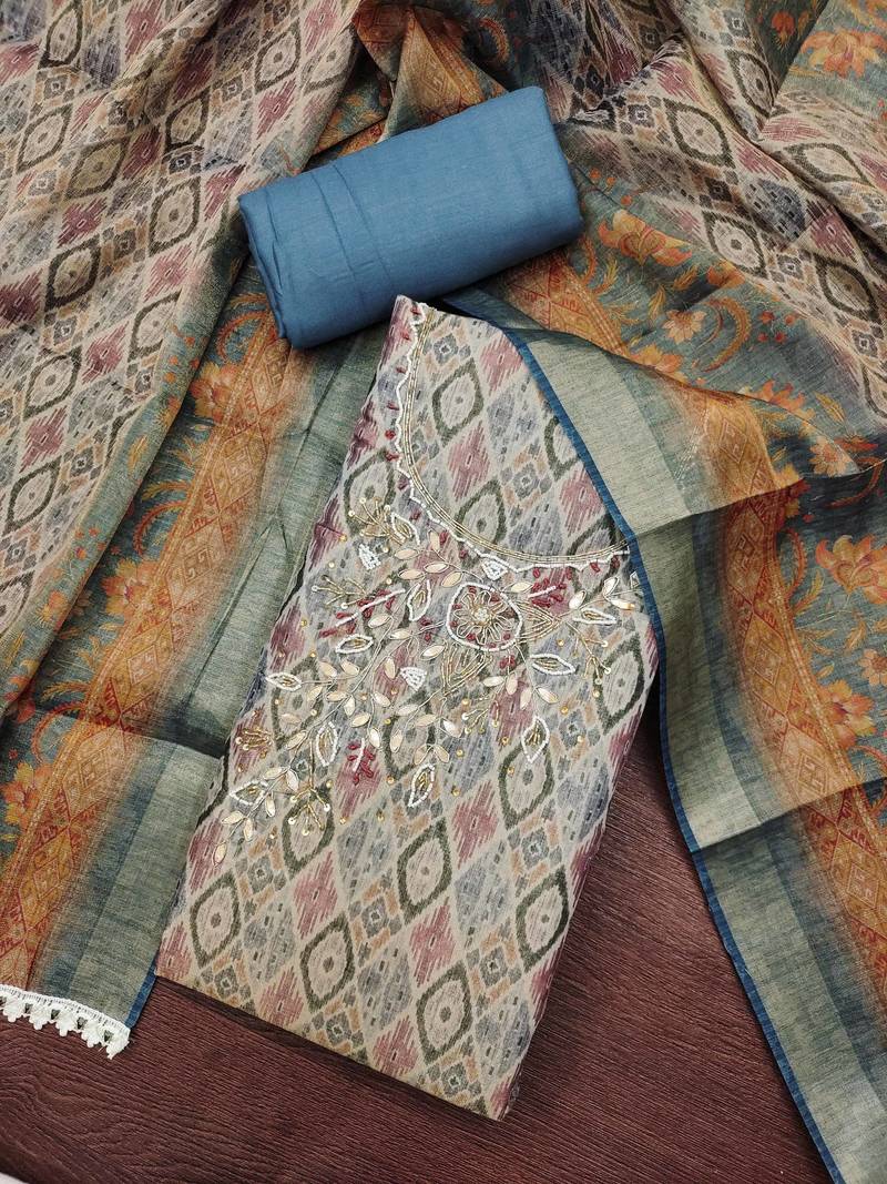 Blue cotton silk handwork unstitched dress material