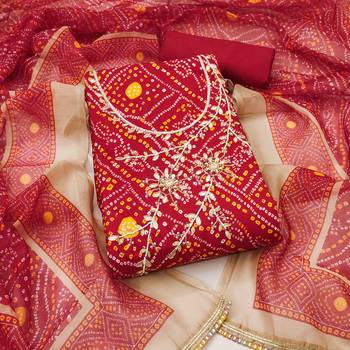 Red modal cotton bandhni unstitched dress material 2
