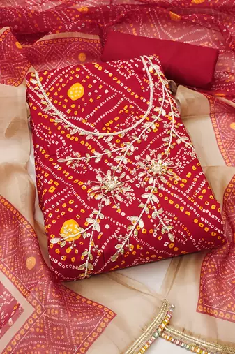 Red modal cotton bandhni unstitched dress material