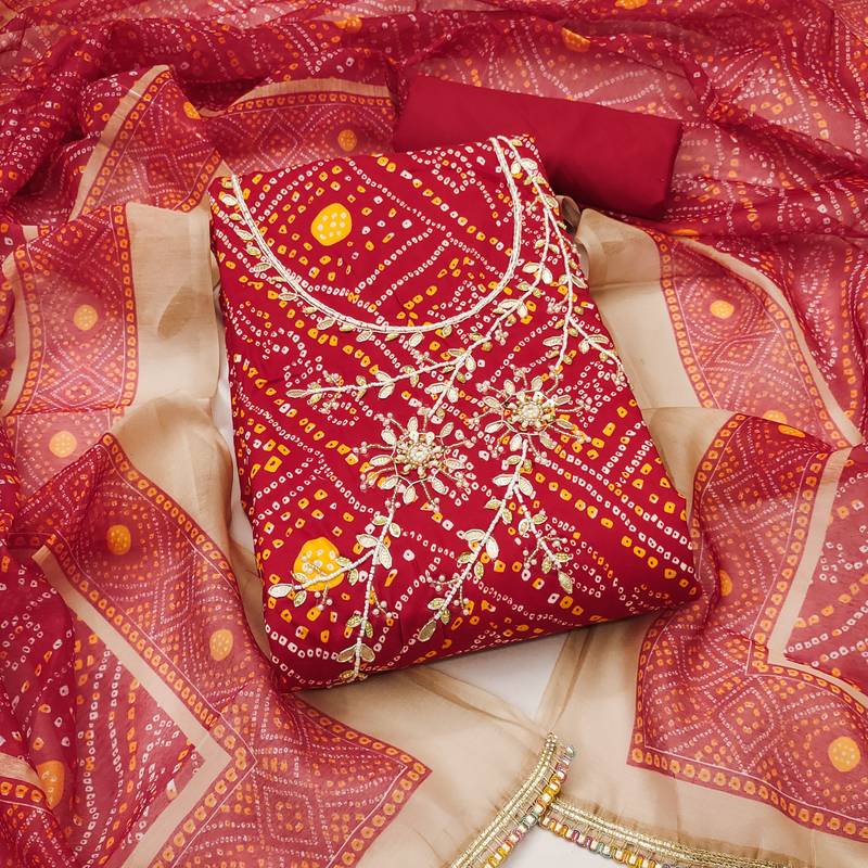 Red modal cotton bandhni unstitched dress material