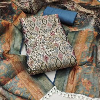 Blue cotton silk handwork unstitched dress material 2