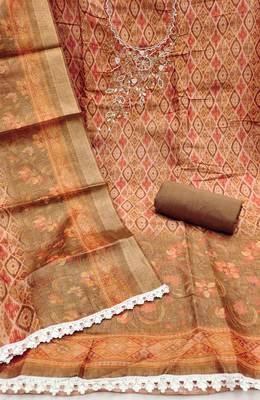 Brown cotton silk handwork unstitched dress material 3