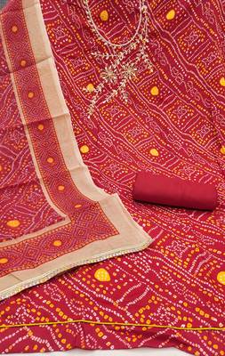 Red modal cotton bandhni unstitched dress material 3