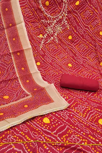 Red modal cotton bandhni unstitched dress material
