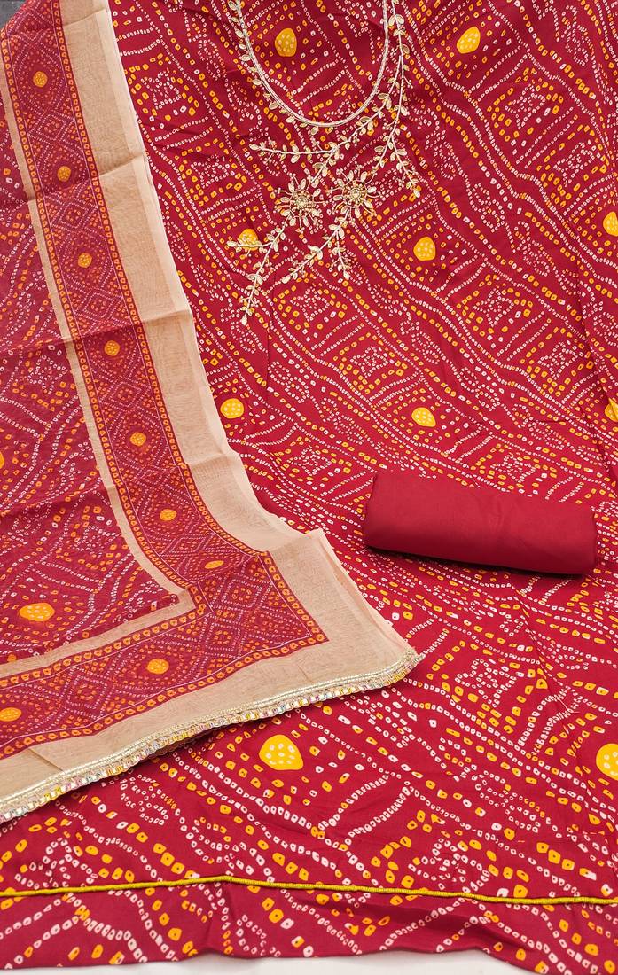 Red modal cotton bandhni unstitched dress material