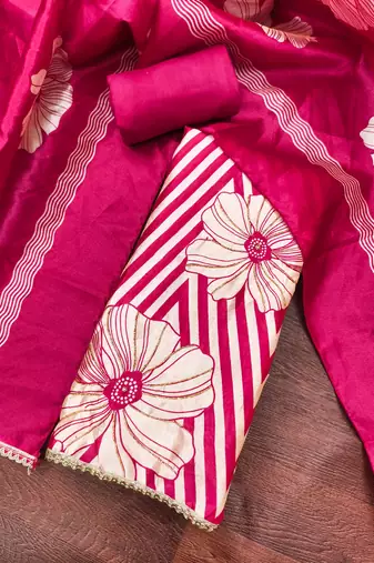 Magenta silk cotton digital print unstitched dress material