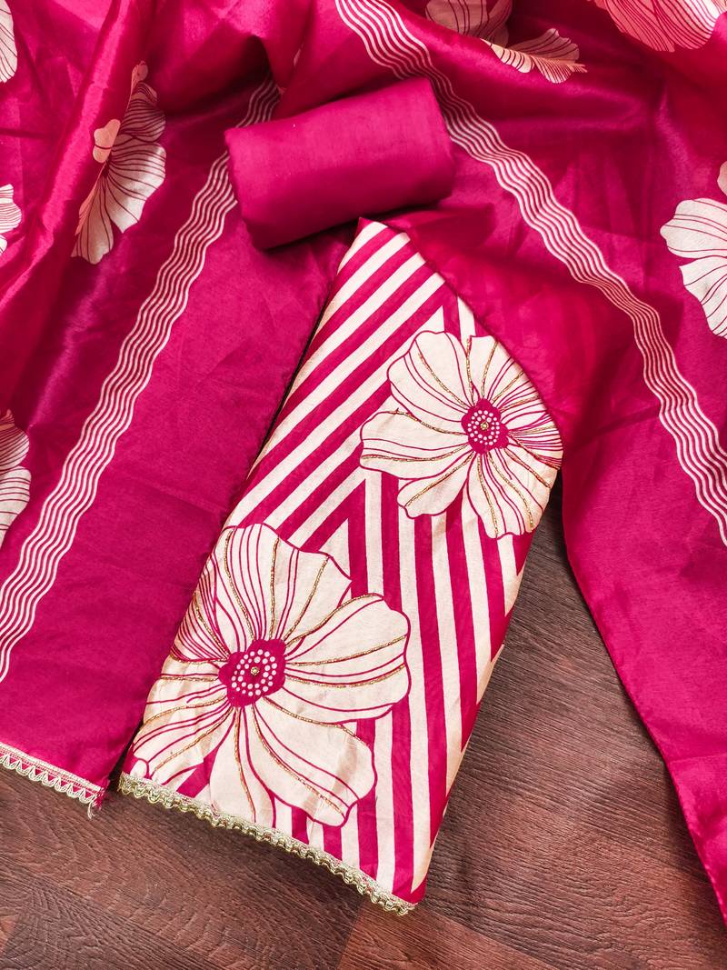 Magenta silk cotton digital print unstitched dress material