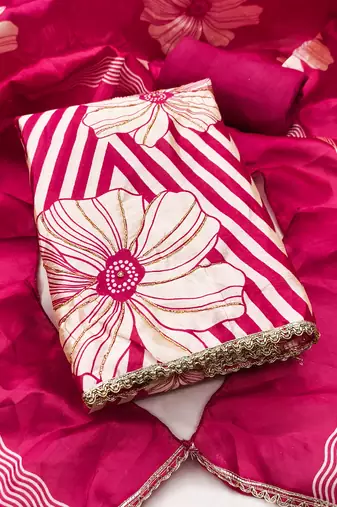 Magenta silk cotton digital print unstitched dress material