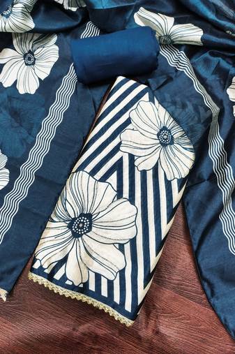 Blue silk cotton digital print unstitched dress material