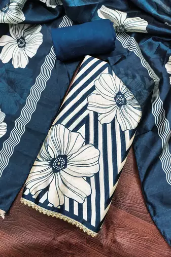 Blue silk cotton digital print unstitched dress material