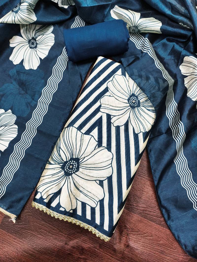 Blue silk cotton digital print unstitched dress material