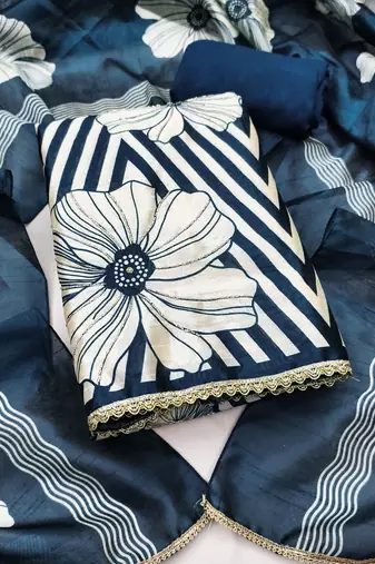 Blue silk cotton digital print unstitched dress material