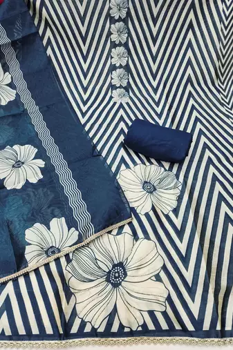 Blue silk cotton digital print unstitched dress material